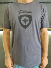 Load image into Gallery viewer, Fatum Plectrum Tee in Grey.  Model is wearing an L and is 186cm tall at 85kg. (6&#39;1&quot; and 14 st)