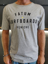 Load image into Gallery viewer, Fatum Stamp Tee in Grey.  Model is wearing an L and is 186cm tall at 85kg. (6&#39;1&quot; and 14 st)