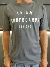 Load image into Gallery viewer, Fatum Stamp Tee in Dark Grey.  Model is wearing an XL and is 186cm tall at 85kg. (6&#39;1&quot; and 14 st)