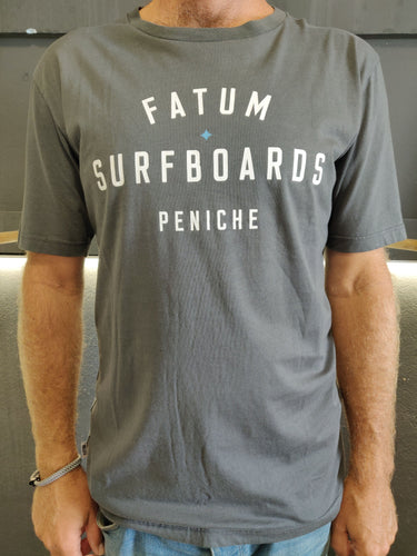 Fatum Stamp Tee in Dark Grey.  Model is wearing an XL and is 186cm tall at 85kg. (6'1