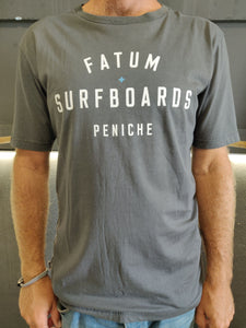 Fatum Stamp Tee in Dark Grey.  Model is wearing an XL and is 186cm tall at 85kg. (6'1" and 14 st)