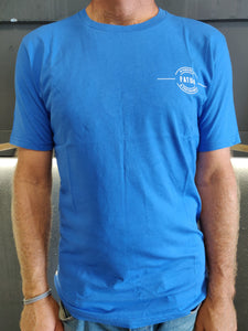 Fatum Ringer Tee in Blue.  Model is wearing an L and is 186cm tall at 85kg. (6'1" and 14 st)