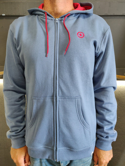 Fatum Coastal Hoodie in Blue. Model is wearing an XL and is 186cm tall at 85kg. (6'1" and 14 st)