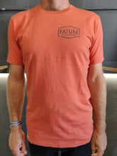 Load image into Gallery viewer, Fatum CHest Print Tee in Orange. Model is wearing an L and is 186cm and 86kg.